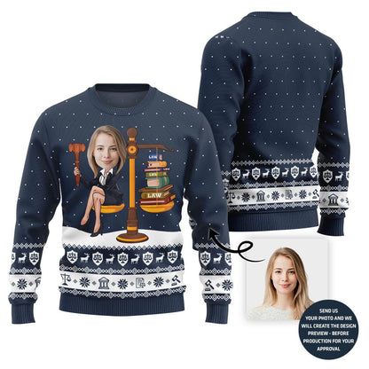 Funny Custom Face Lawyer Ugly Xmas Sweater For Women