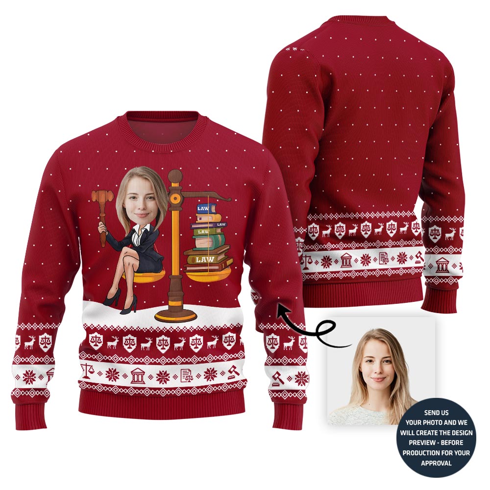 Funny Custom Face Lawyer Ugly Xmas Sweater For Women
