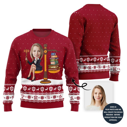 Funny Custom Face Lawyer Ugly Xmas Sweater For Women