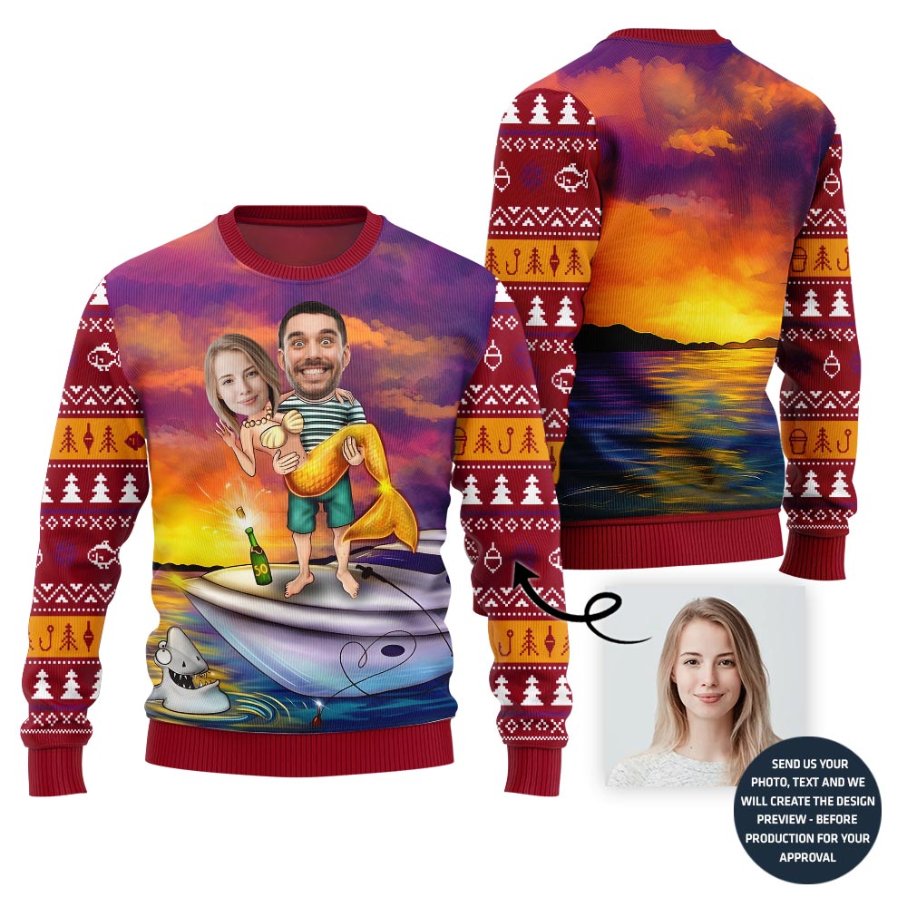 Funny Custom Face Mermaid Couple Ugly Xmas Sweater