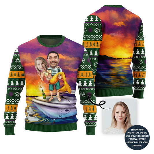 Funny Custom Face Mermaid Couple Ugly Xmas Sweater