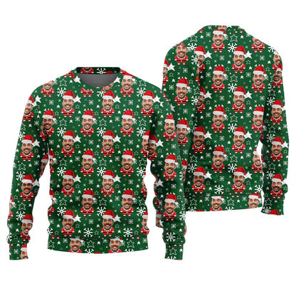 Funny Custom Face Pixel Art Santa Claus Ugly Christmas Sweater Green
