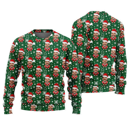 Funny Custom Face Pixel Art Santa Claus Ugly Christmas Sweater Green