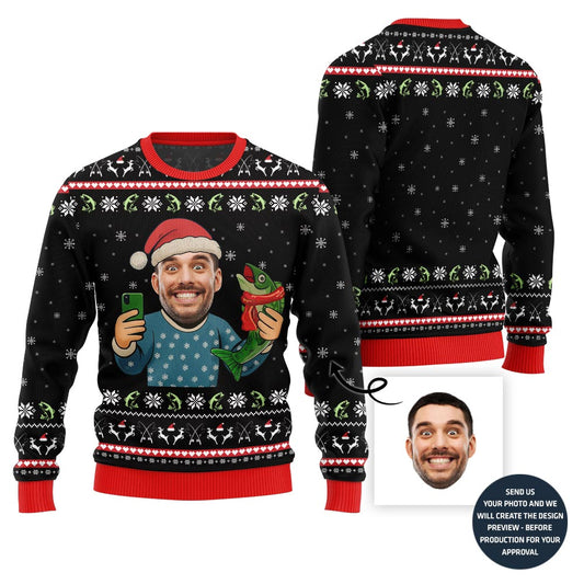 Funny Custom Face Santa Fishing Ugly Xmas Sweater For Men