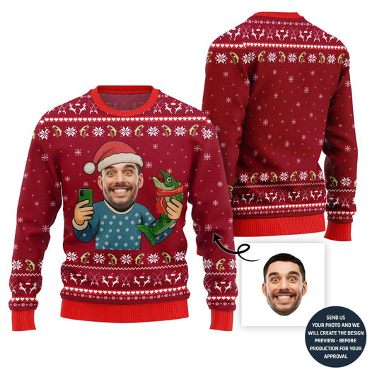 Funny Custom Face Santa Fishing Ugly Xmas Sweater For Women