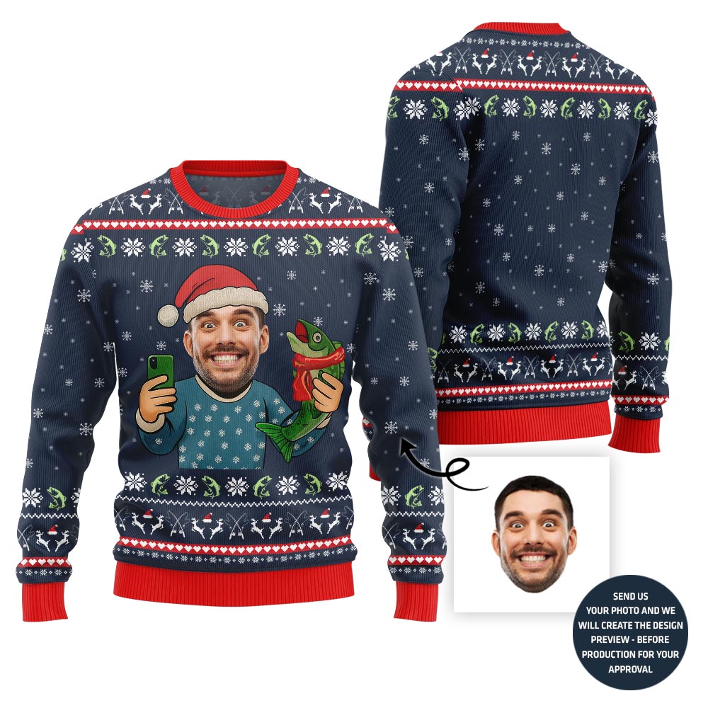 Funny Custom Face Santa Fishing Ugly Xmas Sweater For Women