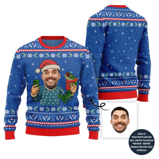 Funny Custom Face Santa Fishing Ugly Xmas Sweater For Women