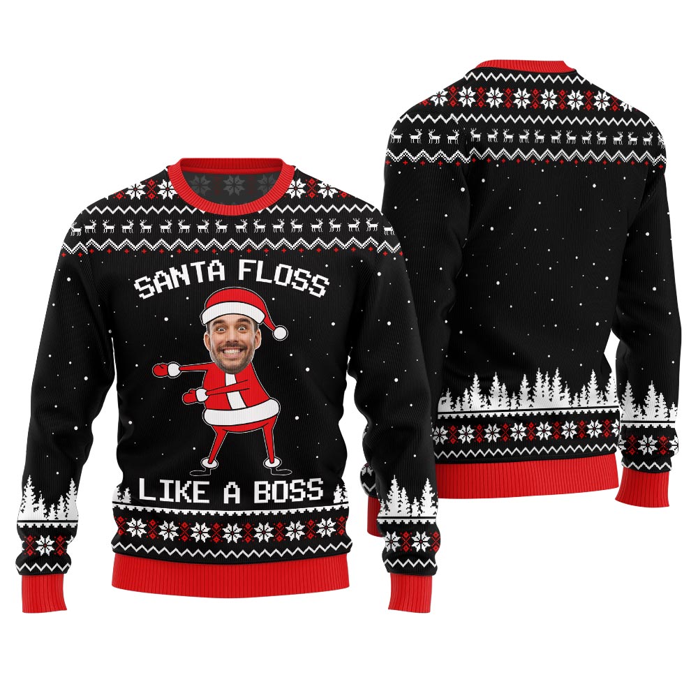 Funny Custom Face Santa Floss Like A Boss Ugly Christmas Sweater