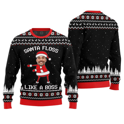 Funny Custom Face Santa Floss Like A Boss Ugly Christmas Sweater