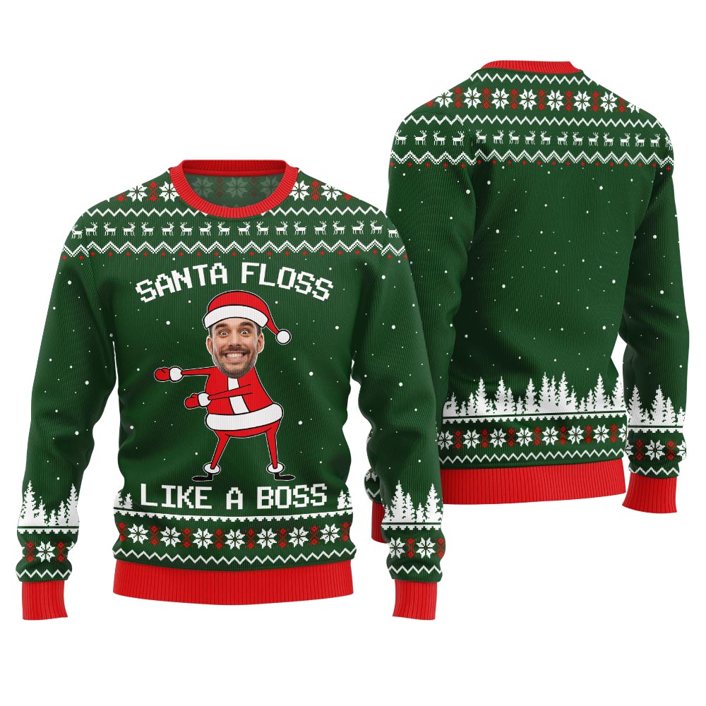 Funny Custom Face Santa Floss Like A Boss Ugly Christmas Sweater