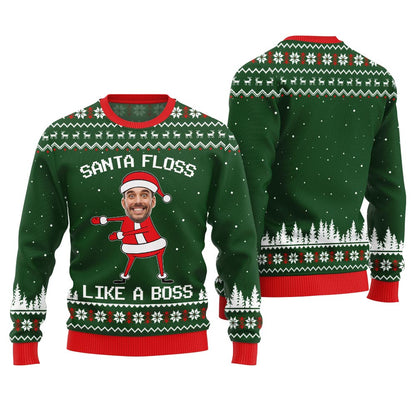 Funny Custom Face Santa Floss Like A Boss Ugly Christmas Sweater