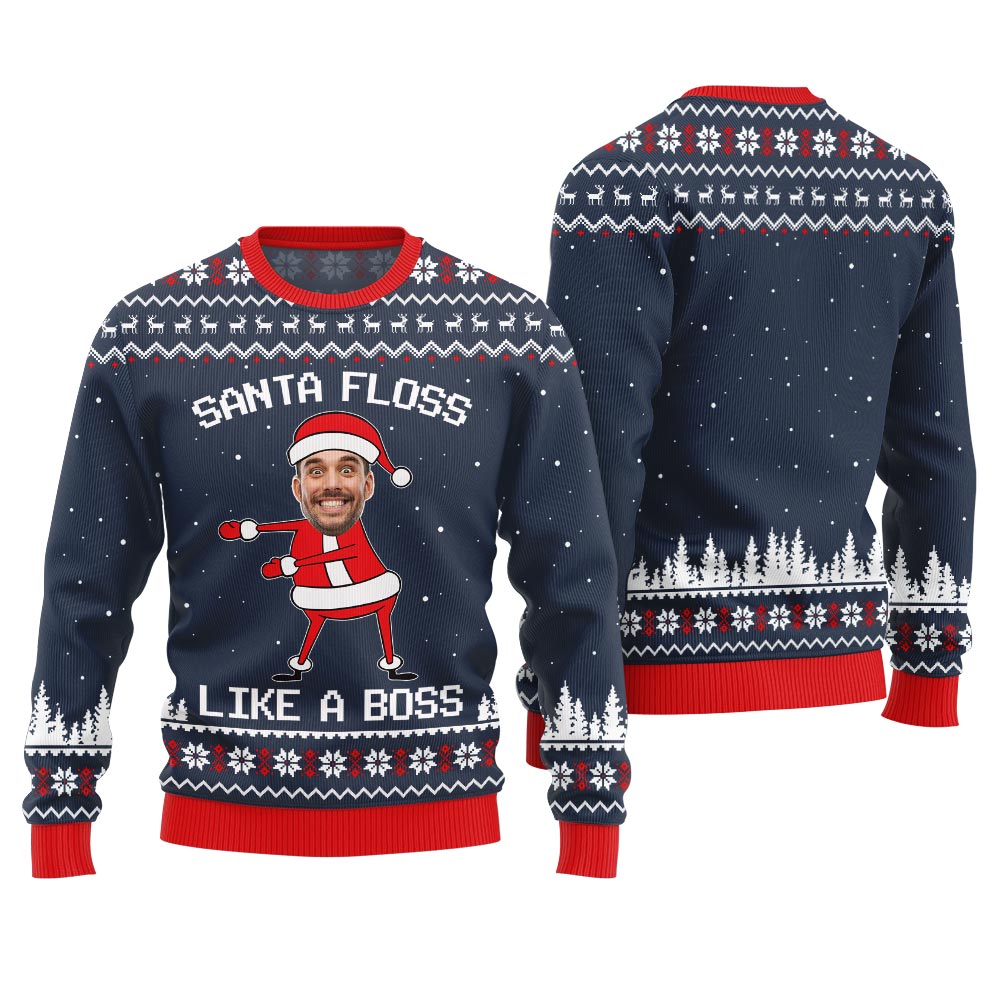 Funny Custom Face Santa Floss Like A Boss Ugly Christmas Sweater