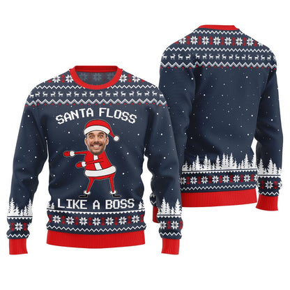 Funny Custom Face Santa Floss Like A Boss Ugly Christmas Sweater