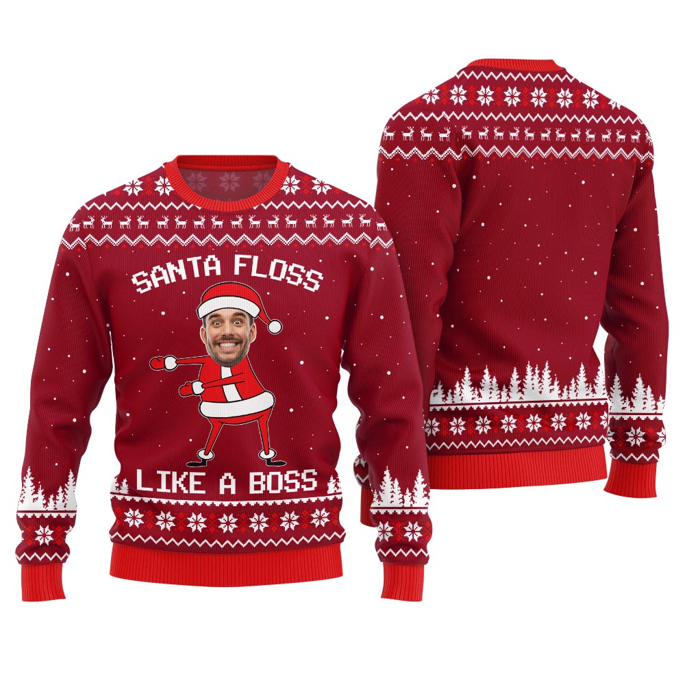 Funny Custom Face Santa Floss Like A Boss Ugly Christmas Sweater