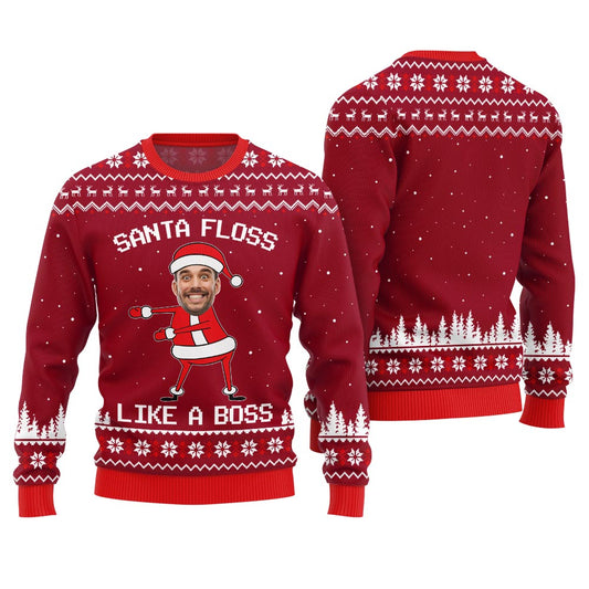 Funny Custom Face Santa Floss Like A Boss Ugly Christmas Sweater