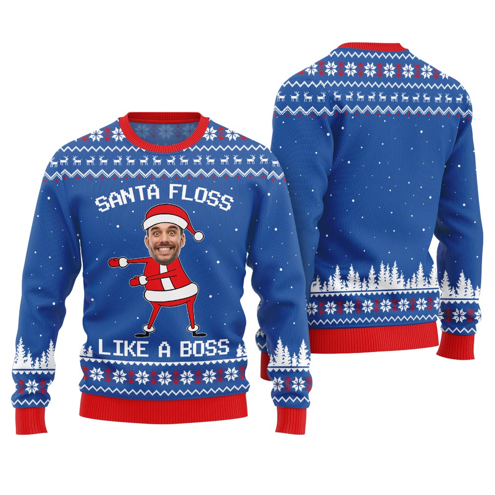 Funny Custom Face Santa Floss Like A Boss Ugly Christmas Sweater