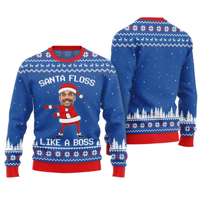 Funny Custom Face Santa Floss Like A Boss Ugly Christmas Sweater