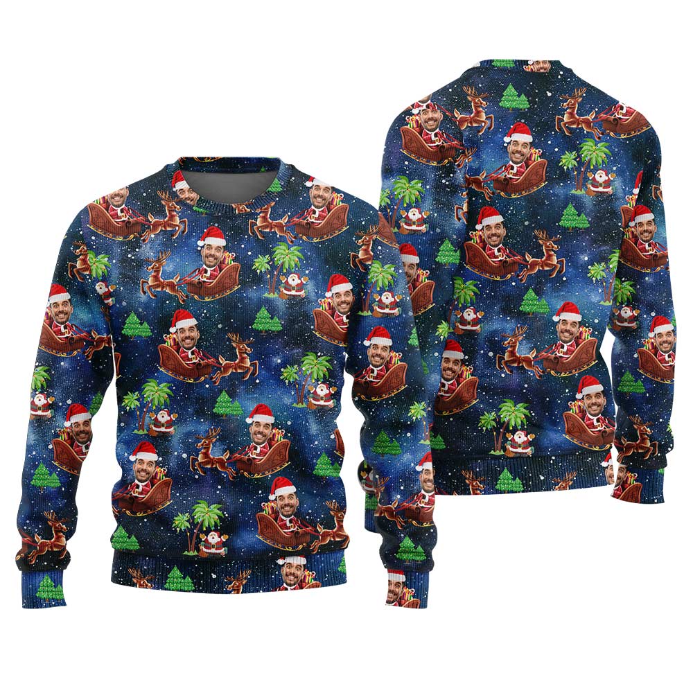 Funny Custom Face Santa Riding Sleigh Christmas Sweater Royal