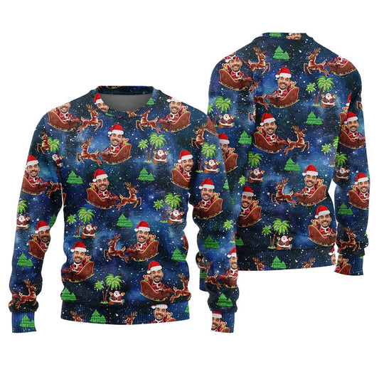 Funny Custom Face Santa Riding Sleigh Christmas Sweater Royal