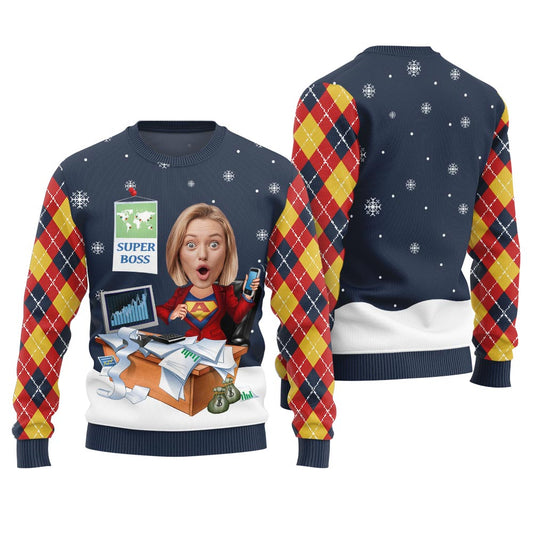 Funny Custom Face Super Mom Funny Ugly Sweater Navy