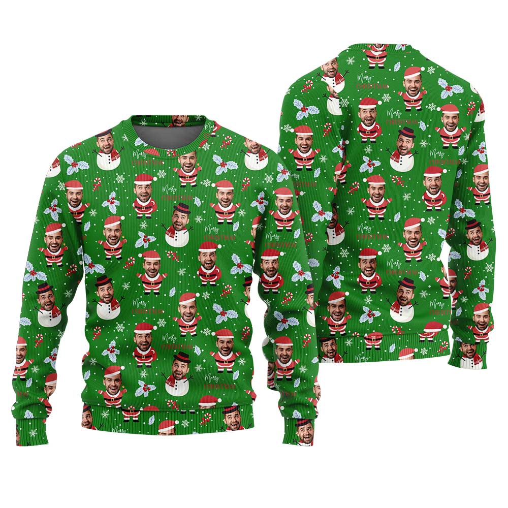 Funny Custom Face With Snowman Santa Christmas Sweater Green