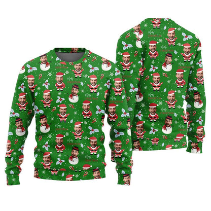 Funny Custom Face With Snowman Santa Christmas Sweater Green