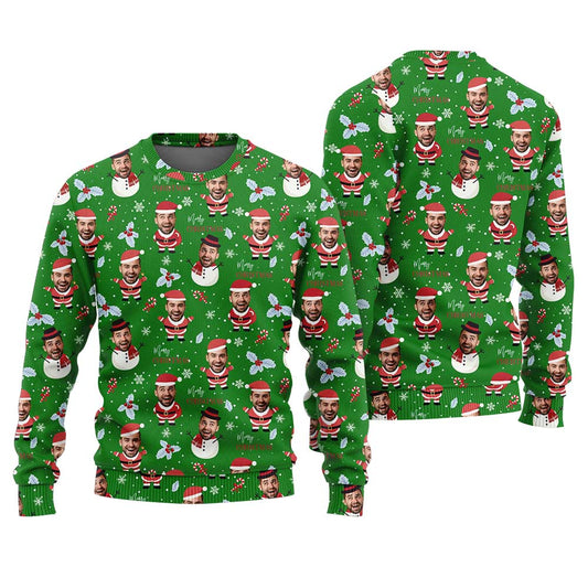 Funny Custom Face With Snowman Santa Christmas Sweater Green