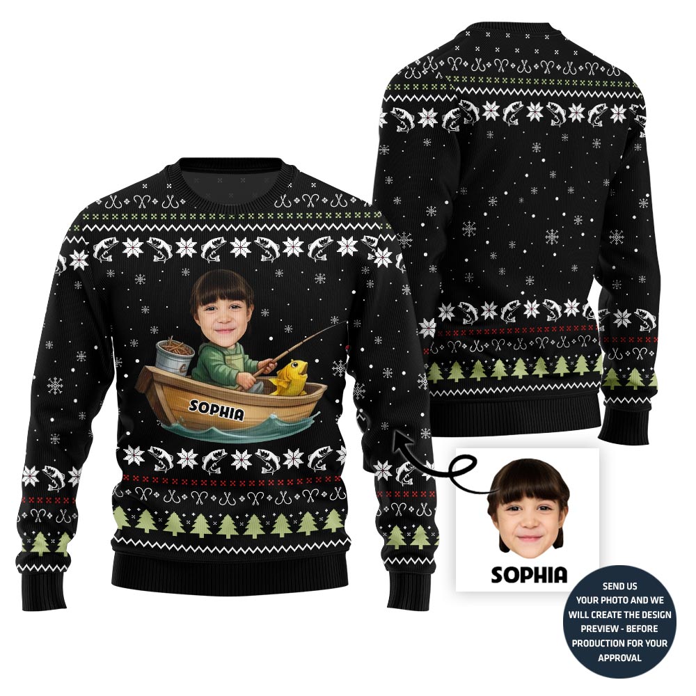 Funny Custom Fishing Face and Name Ugly Christmas Sweater