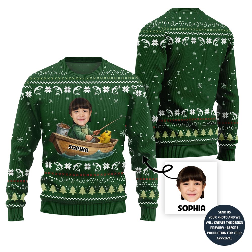 Funny Custom Fishing Face and Name Ugly Christmas Sweater