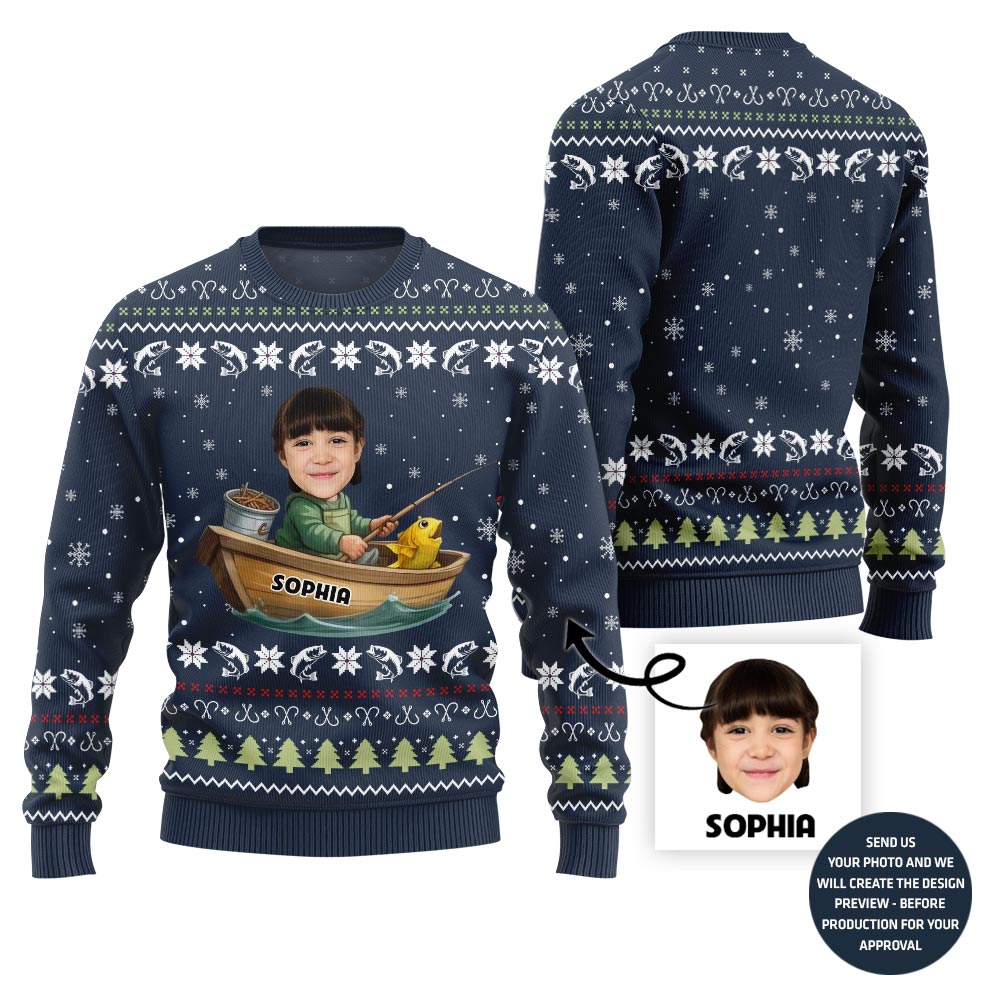 Funny Custom Fishing Face and Name Ugly Christmas Sweater