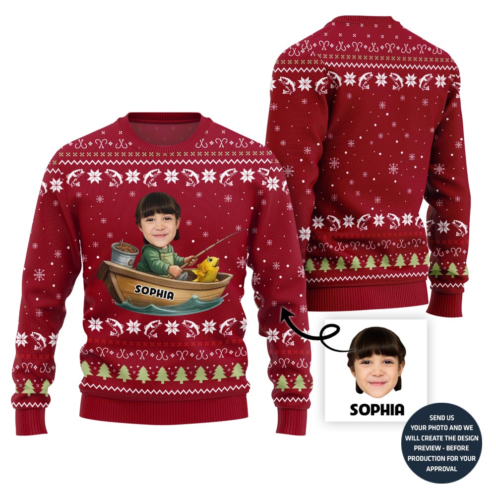 Funny Custom Fishing Face and Name Ugly Christmas Sweater