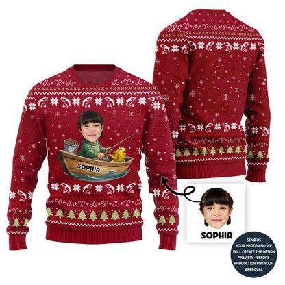 Funny Custom Fishing Face and Name Ugly Christmas Sweater
