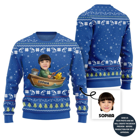 Funny Custom Fishing Face and Name Ugly Christmas Sweater