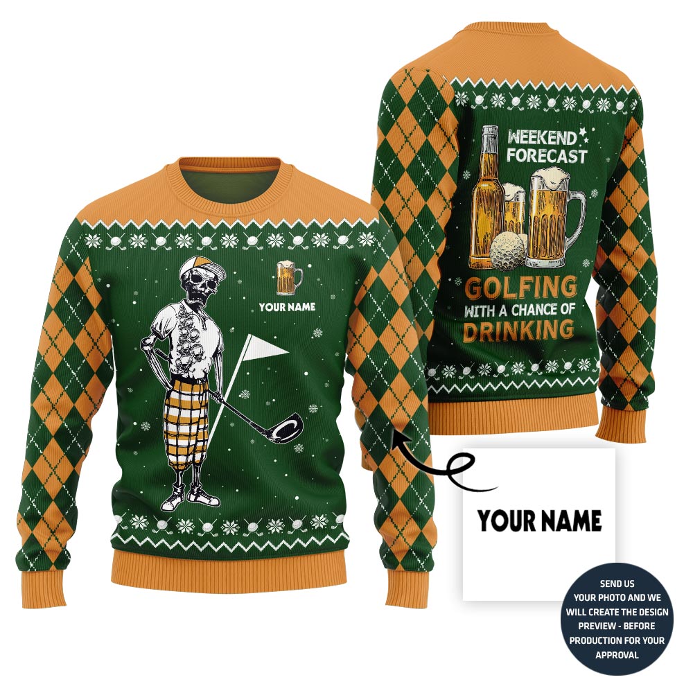 Funny Custom Name Golf And Beer Ugly Christmas Sweater