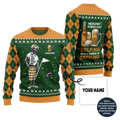 Funny Custom Name Golf And Beer Ugly Christmas Sweater