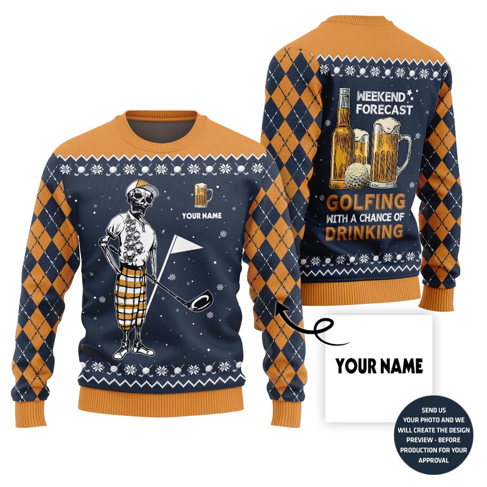 Funny Custom Name Golf And Beer Ugly Christmas Sweater