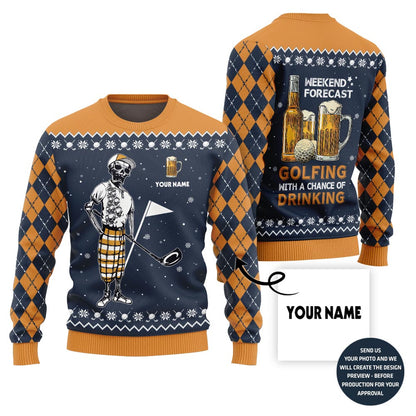 Funny Custom Name Golf And Beer Ugly Christmas Sweater