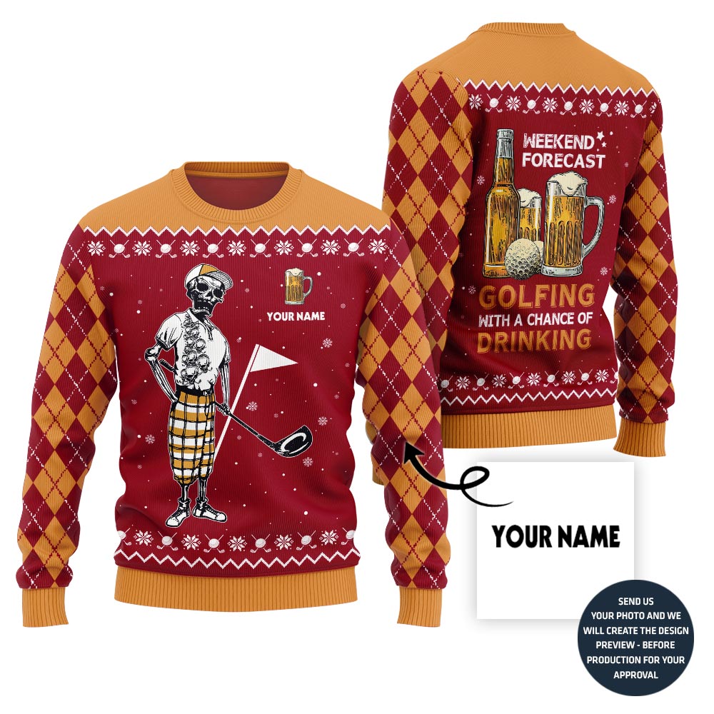 Funny Custom Name Golf And Beer Ugly Christmas Sweater