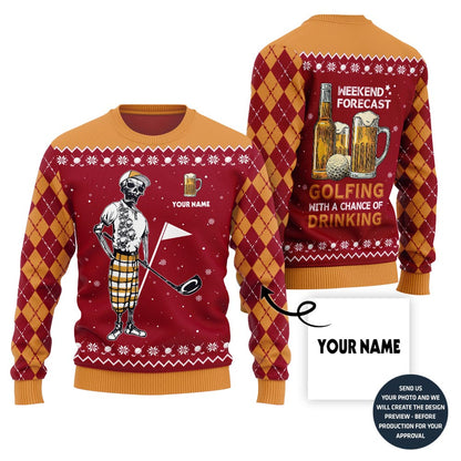 Funny Custom Name Golf And Beer Ugly Christmas Sweater