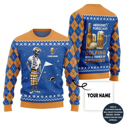 Funny Custom Name Golf And Beer Ugly Christmas Sweater