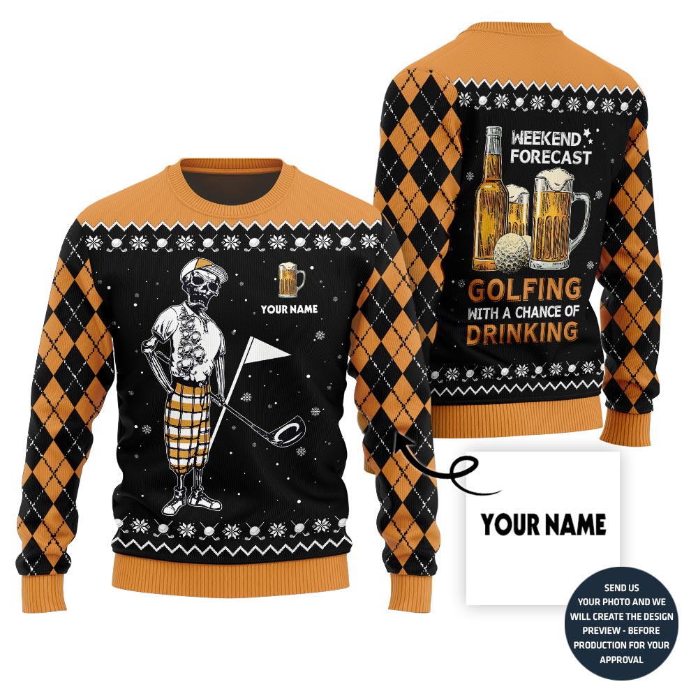 Funny Custom Name Golf And Beer Ugly Christmas Sweater