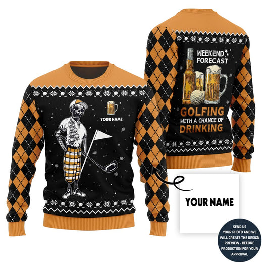 Funny Custom Name Golf And Beer Ugly Christmas Sweater