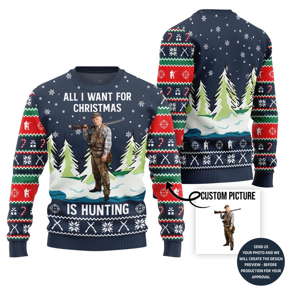 Funny Custom Photo Hunting Ugly Christmas Sweater For Men