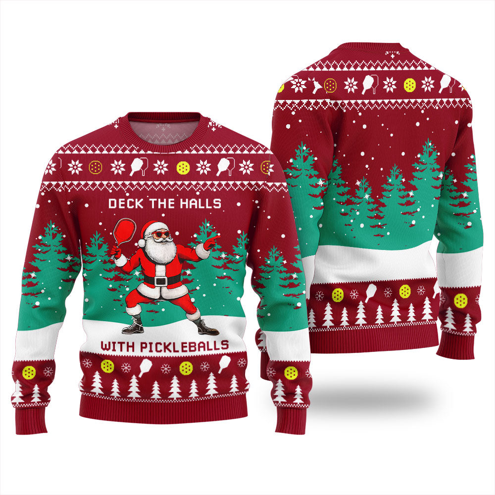 Funny Deck The Hall Pickleball Santa Ugly Christmas Sweater