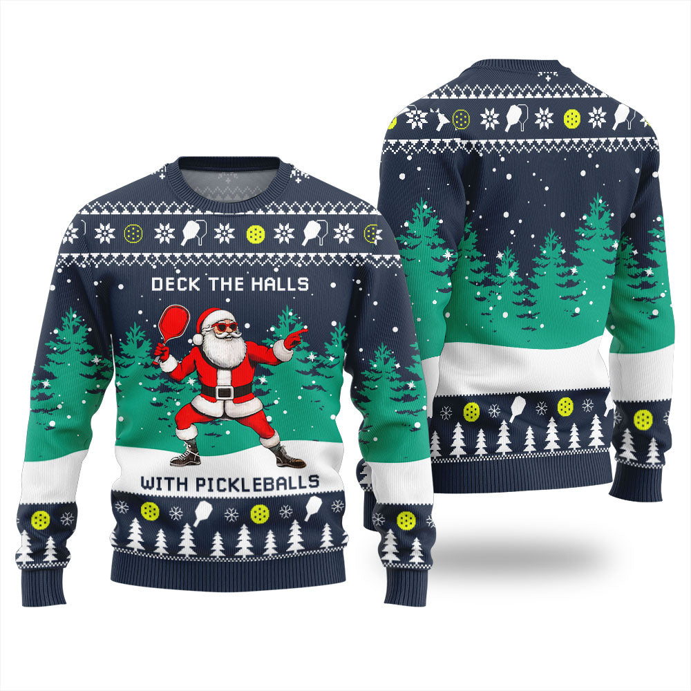 Funny Deck The Hall Pickleball Santa Ugly Christmas Sweater
