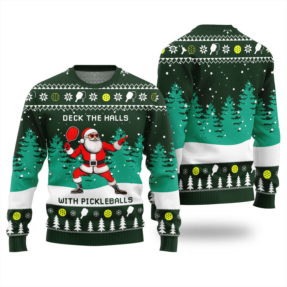 Funny Deck The Hall Pickleball Santa Ugly Christmas Sweater