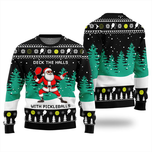 Funny Deck The Hall Pickleball Santa Ugly Christmas Sweater