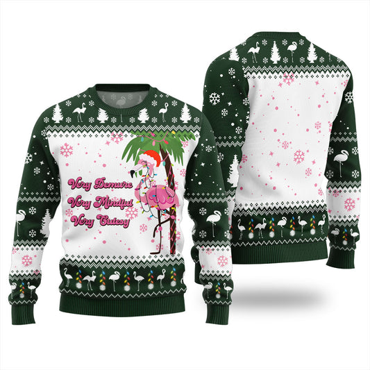 Funny Demure Mindful Cutesy Flamingo Christmas Sweater Green