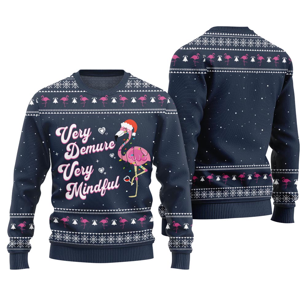 Funny Demure Mindful Flamingo Christmas Sweater Navy