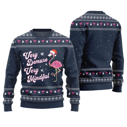 Funny Demure Mindful Flamingo Christmas Sweater Navy